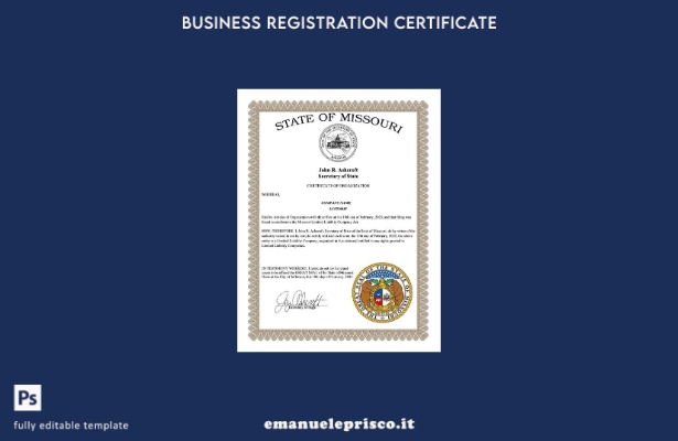 certificato di organizzazione stile verificato USA Missouri Modello Word e PDF